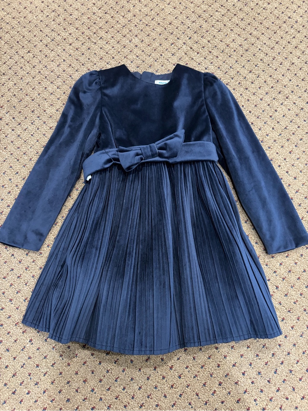 Mayoral Navy Velvet Bow Pleated Dress for Girls size 7